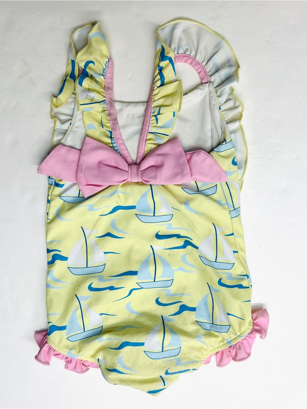 Classic Whimsy Girls' Yellow Pink Sailboat Ruffle One-Piece Swimsuit Retro - Picture 3 of 6